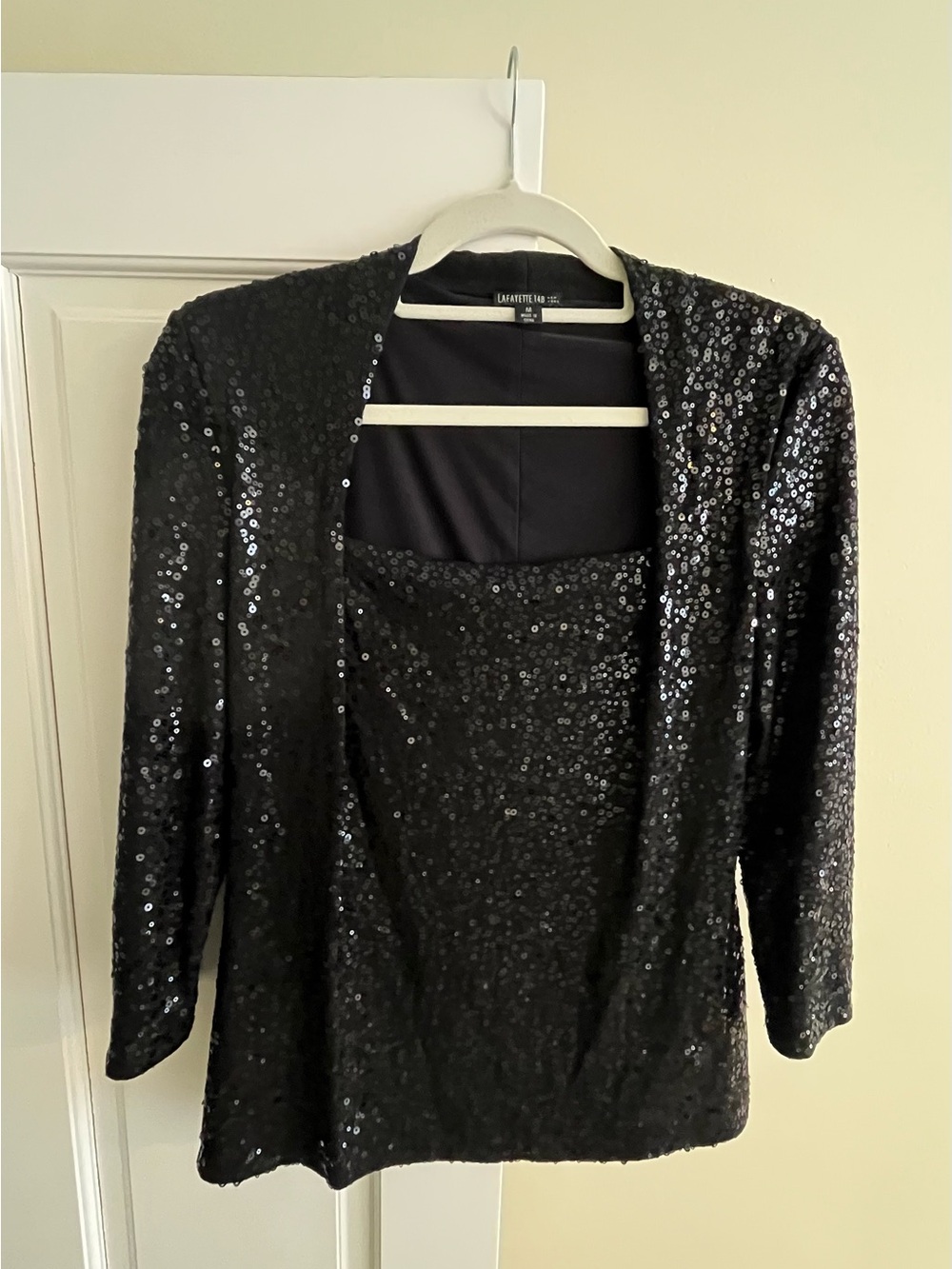 Lafayette 148 New York Black Sequin 3/4 Sleeve Stretch Top with Square Neck - M